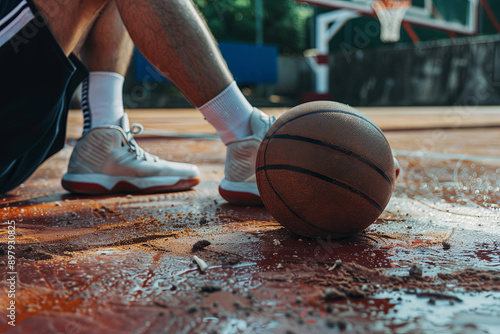 Basketball injury scene on an athlete court, professional training mishap photo