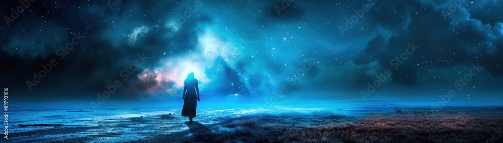 Mysterious Figure in a Vast Cosmic Landscape with Starry Sky and Nebula Mysterious Figure in a Vast Cosmic Landscape with Starry Sky and Nebula