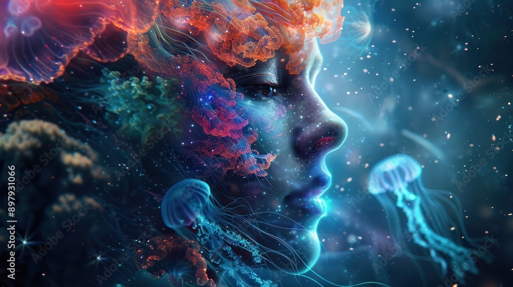 Surreal Digital Art of a Woman's Face Blending with Jellyfish and Cosmic Elements in a Dreamlike Underwater Scene Surreal Digital Art of a Woman's Face Blending with Jellyfish and Cosmic Elements in a Dreamlike Underwater Scene