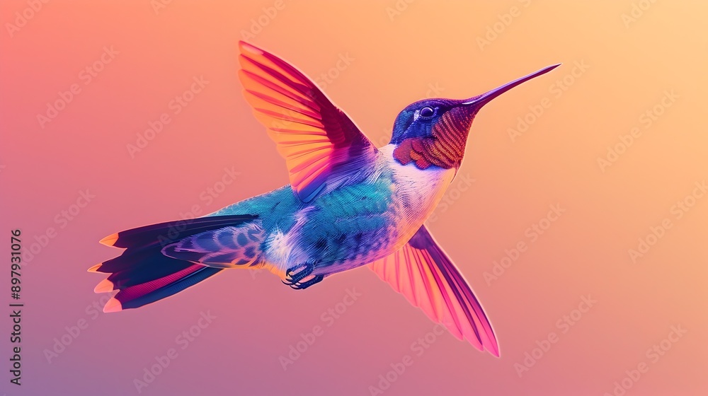 Obraz premium Vibrant Risograph Illustrated Hummingbird in Minimalist Bauhaus Design