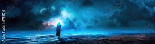 Mysterious Figure in a Vast Cosmic Landscape with Starry Sky and Nebula