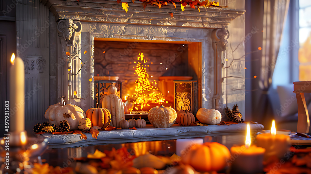 A fireplace with autumn leaves, pumpkins, pinecones, and string lights, making a festive and cozy fall scene. A fireplace with autumn leaves, pumpkins, pinecones, and string lights, making a festive and cozy fall scene.