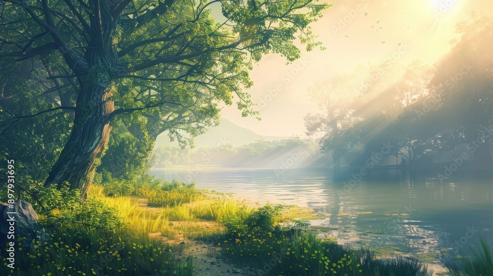 A serene riverside scene illuminated by golden sunlight, surrounded by lush greenery and reflected in the calm water. A serene riverside scene illuminated by golden sunlight, surrounded by lush greenery and reflected in the calm water.