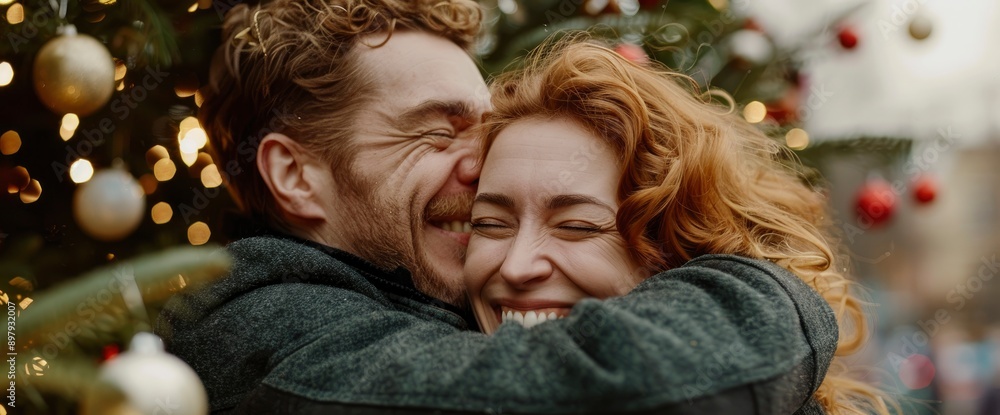 A Romantic Couple Embraces Each Other After A Delightful Holiday Shopping Spree, Filled With Love And Joy A Romantic Couple Embraces Each Other After A Delightful Holiday Shopping Spree, Filled With Love And Joy
