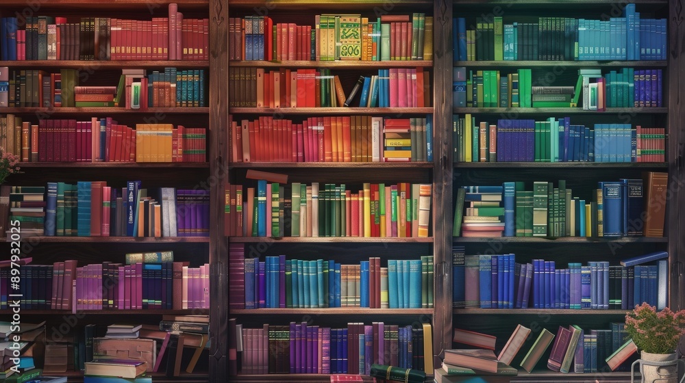 A vibrant bookshelf filled with colorful books, creating an inviting atmosphere for book lovers and readers alike. A vibrant bookshelf filled with colorful books, creating an inviting atmosphere for book lovers and readers alike.