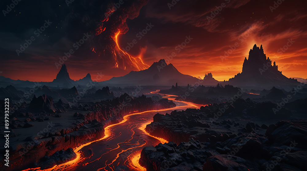 Fototapeta premium A striking illustration of an alien volcanic landscape, with lava flows, glowing magma, and towering rock formations, with space for text.