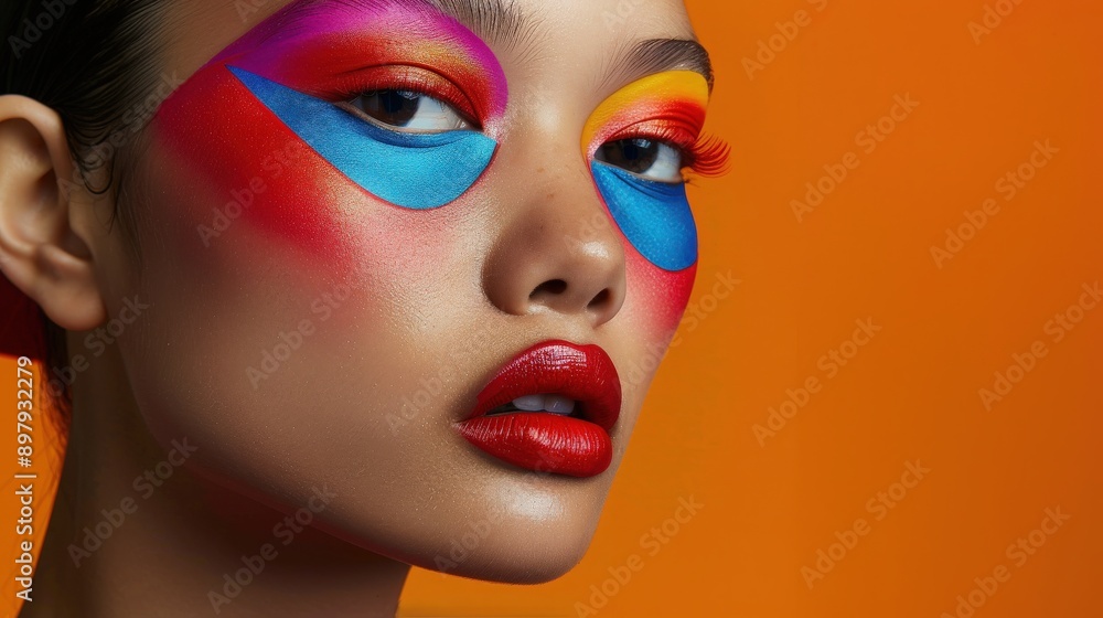 Fototapeta premium vibrant portrait showcasing bold makeup art colorful face paint against striking orange backdrop.