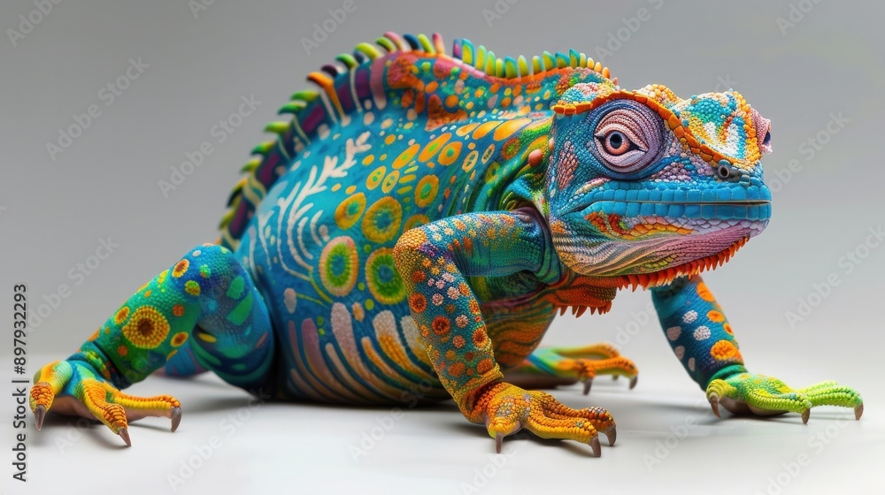 Obraz premium A vibrant, colorful lizard showcasing intricate patterns and textures against a plain background.