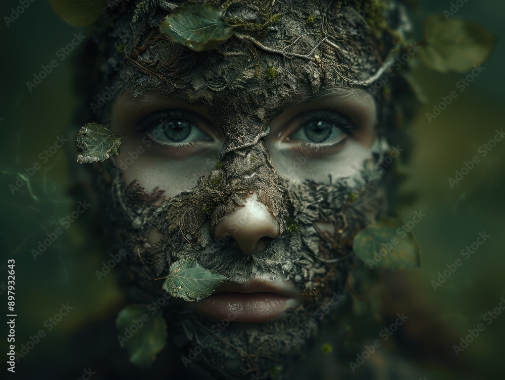 Enigmatic Forest Spirit with Leaf and Bark Face Mask in Mystical Woodland Setting Enigmatic Forest Spirit with Leaf and Bark Face Mask in Mystical Woodland Setting