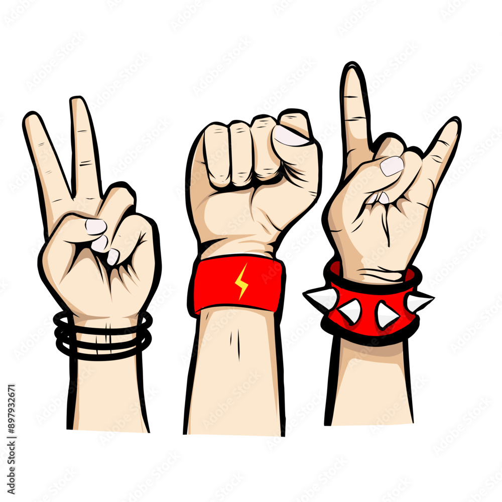 Vector illustration. One set of images showing hand movements clenched into a fist, two fingers, and metal with bracelets. Simple hand drawn style Vector illustration. One set of images showing hand movements clenched into a fist, two fingers, and metal with bracelets. Simple hand drawn style