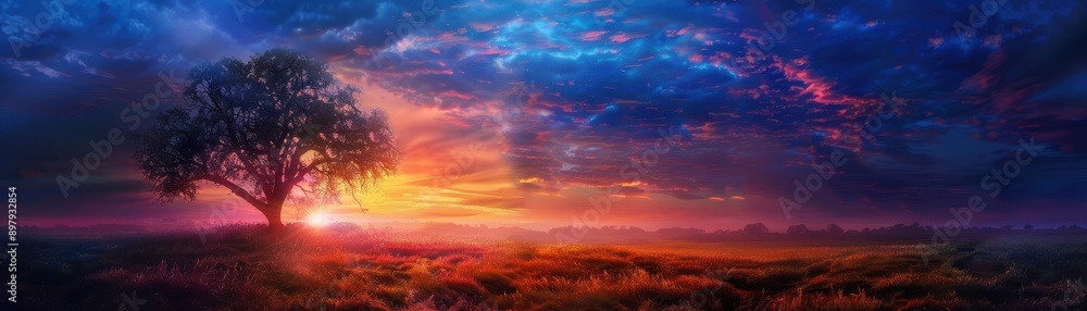 Fototapeta premium Majestic Sunset Over a Serene Landscape with a Lone Tree and Dramatic Sky