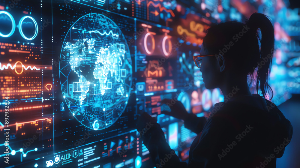 Woman Interacting With Global Digital Interface at Night Woman Interacting With Global Digital Interface at Night