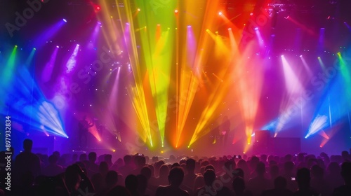 Stunning light display at a vibrant concert, showcasing a mesmerizing array of colorful beams and lively audience excitement.