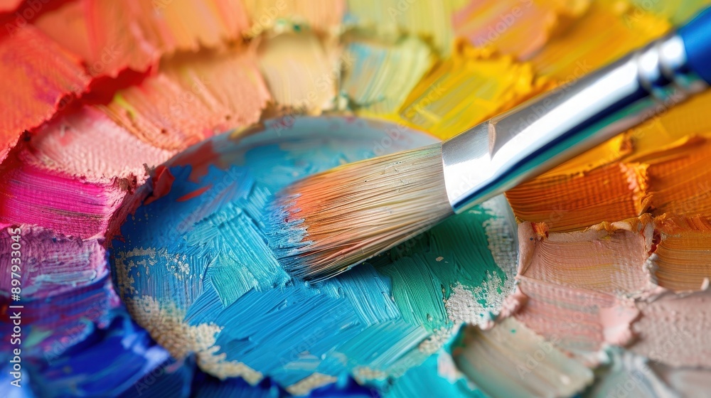Fototapeta premium Vibrant color palette with a paintbrush, showcasing an array of hues and artistic creativity in a studio environment.
