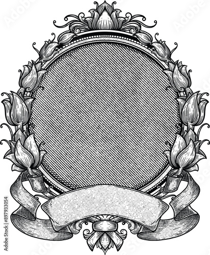 floral heraldic blank logo in vintage hand drawn style