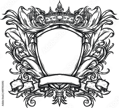 heraldic ornament with ribbon crown shield and symmetric ornament