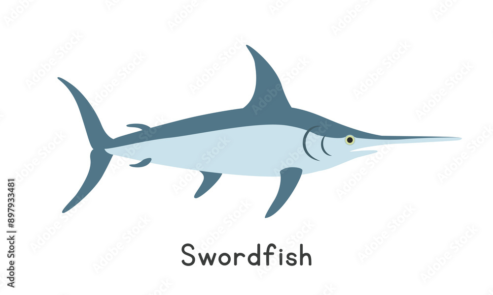 Fototapeta premium Swordfish vector illustration. Cute swordfish cartoon clipart, animal in flat style. Sea animals, underwater creatures, ocean animals, marine life concept. Swordfish vector design isolated on white