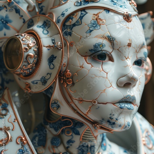 Genderless Kabuki Automaton with Ornate Porcelain Armor and Mechanical Parts