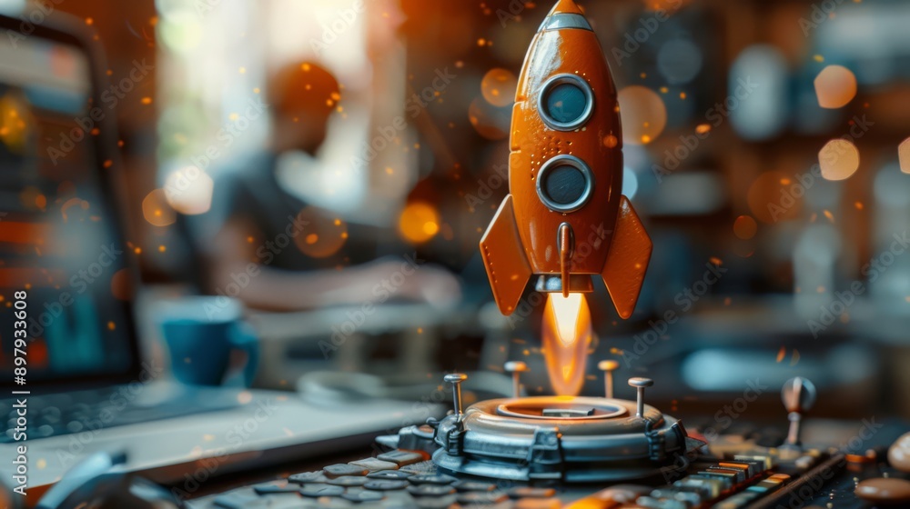 of a Rocket Launching in an Office Environment with a Person Working on a Laptop of a Rocket Launching in an Office Environment with a Person Working on a Laptop