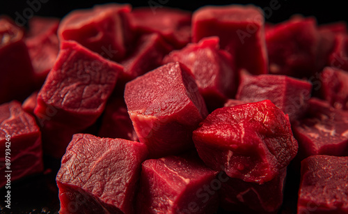 Close-up of raw, cubed red meat in a pile.