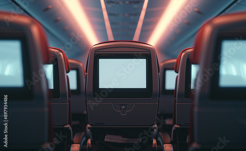 Rows of airplane seats with illuminated screens in an aircraft cabin. photo