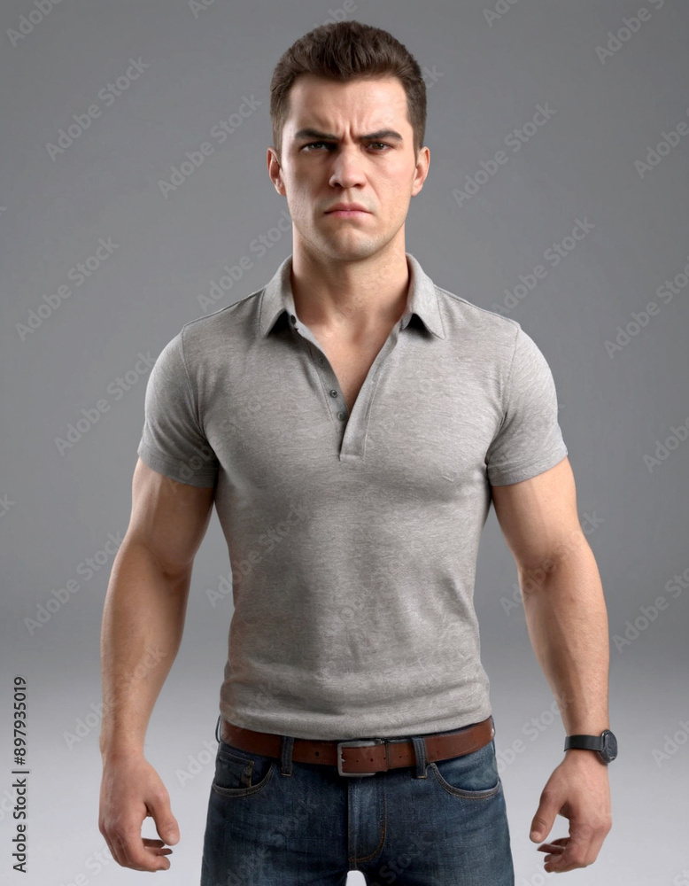 Man wearing grey polo shirt and jeans stands against grey background Man wearing grey polo shirt and jeans stands against grey background