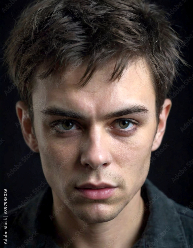 Obraz premium Young man with dark hair and green eyes looking at camera