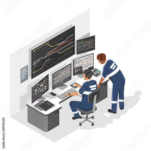 railway traffic controller system room engineer working job on monitors to manage railway and truck shipping and logistic concept isometric isolated cartoon