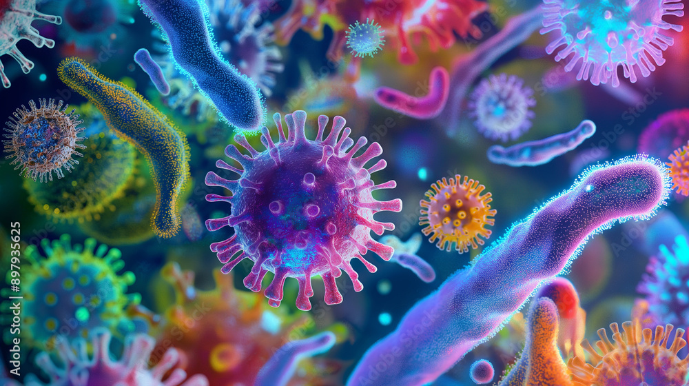 Close-up of various colorful bacteria and viruses under a microscope.
Close-up of various colorful bacteria and viruses under a microscope.