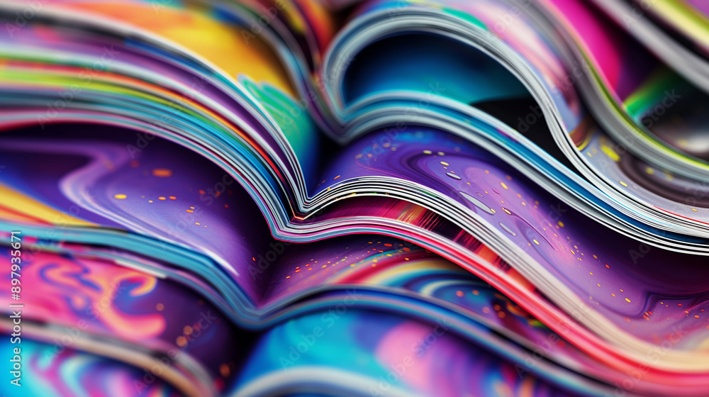 Close-up of colorful folded magazines with abstract patterns.