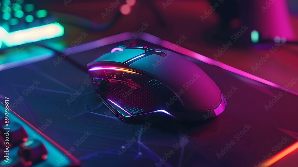 High tech ergonomic gaming mouse with customizable side buttons and textured grip displayed on a futuristic design mouse pad enhancing gaming performance and innovative setups High tech ergonomic gaming mouse with customizable side buttons and textured grip displayed on a futuristic design mouse pad enhancing gaming performance and innovative setups