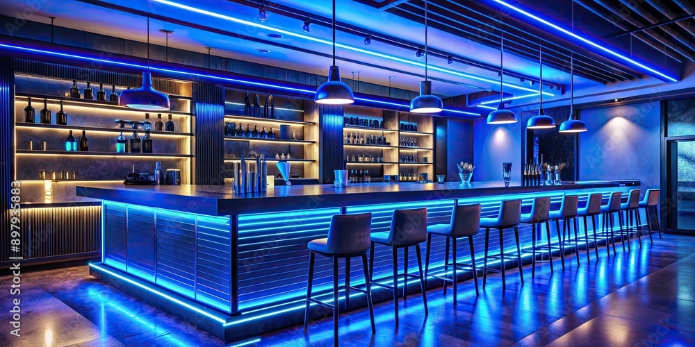 Fototapeta premium Trendy bar interior with cool neon blue lighting, neon lights, trendy, bar, interior design, atmosphere, inviting, stylish