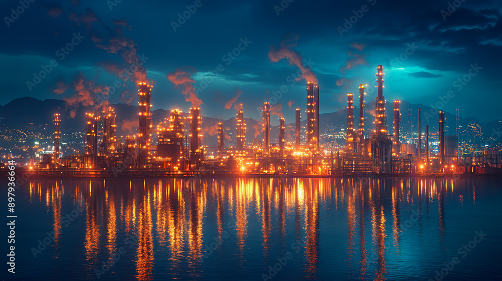 Naklejka premium Banner Oil refinery gas petrol plant industry with crude tank, gasoline supply and chemical factory. Petroleum barrel fuel heavy industry oil refinery manufacturing factory plant. Refinery industry