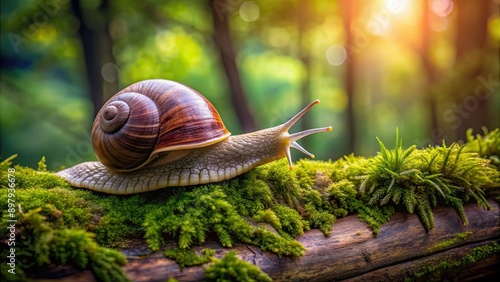 Burgundy snail crawling on moss-covered branch in lush forest setting, Burgundy snail, Helix pomatia, crawling, branch, forest photo