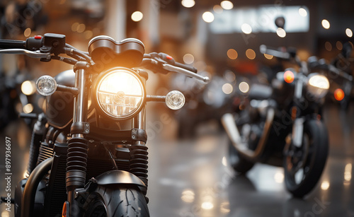 A sleek motorcycle with its headlight on in a modern showroom with other bikes blurred in the background. photo