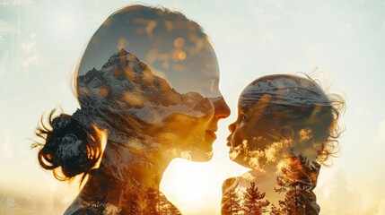 Double exposure of mother and baby with mountain landscape at sunset