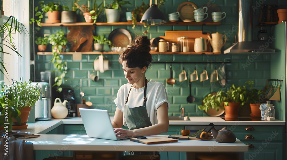photograph of a white woman looking up a recipe on a laptop in a bright welcoming green themed kitchen for a recipe blog photograph of a white woman looking up a recipe on a laptop in a bright welcoming green themed kitchen for a recipe blog