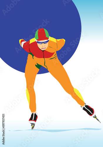 Professional speed skater gaining speed during competition photo