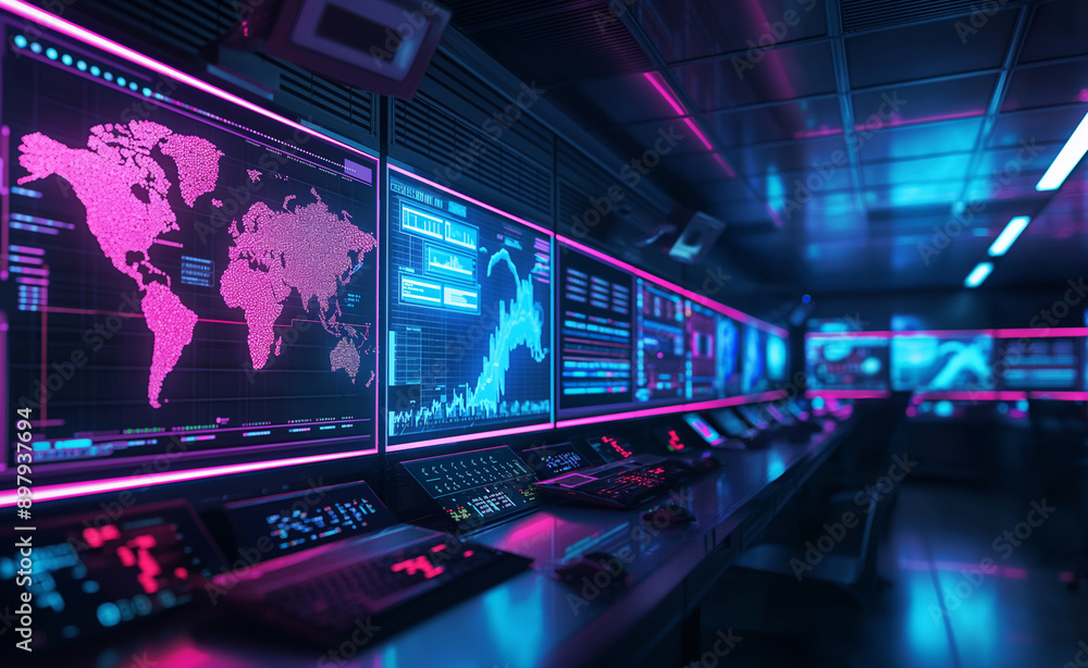 A high-tech command center with digital maps and data displays. A high-tech command center with digital maps and data displays.