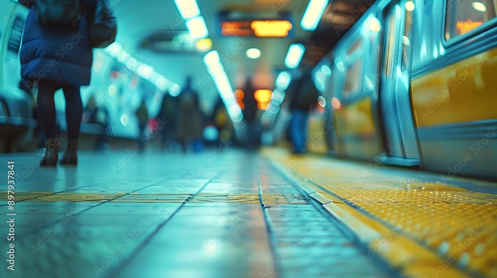 Fototapeta premium Busy Subway Platform in Chicago with Blurred Commuters