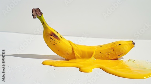 A bright yellow banana stands out, spilled on the white floor, its vibrant color creating a striking focal point against the clean background.