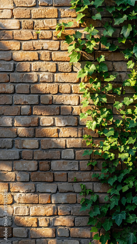 Brick wall with green ivy in sunlight