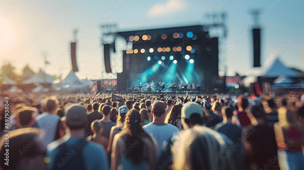 Naklejka premium Blurred Crowd at Vibrant Music Festival in Urban Cityscape