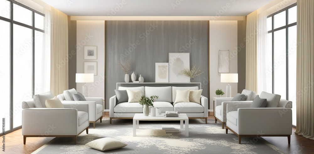 A serene living room concept design featuring a harmonious blend of soothing gray tones, crisp white accents, and warm cream hues A serene living room concept design featuring a harmonious blend of soothing gray tones, crisp white accents, and warm cream hues