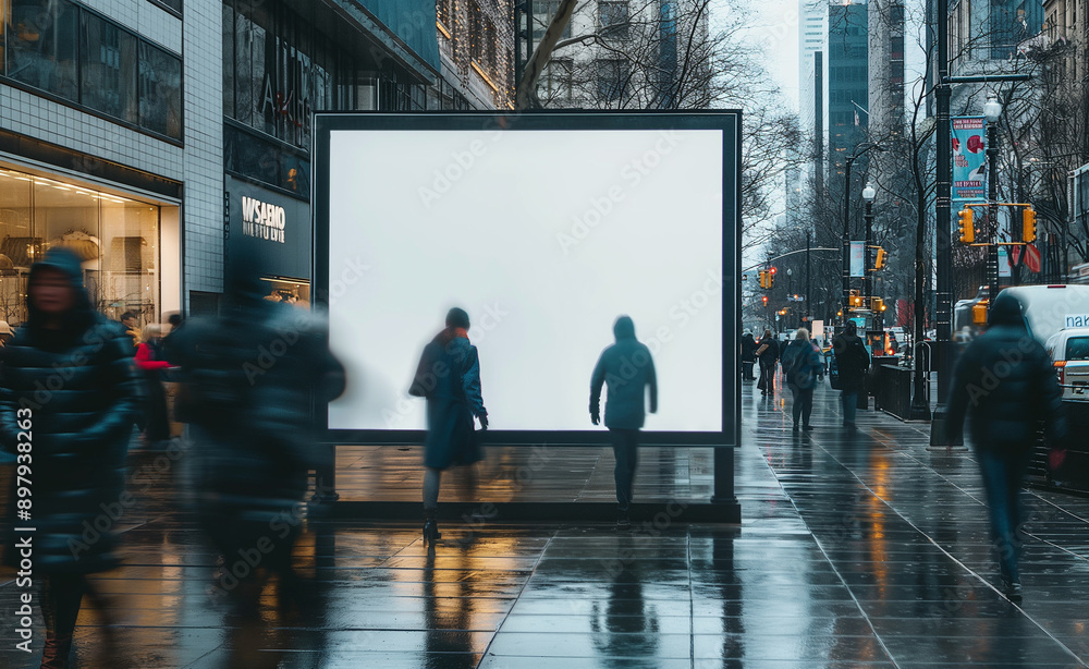 A blank billboard in a busy urban street with people walking by on a rainy day. A blank billboard in a busy urban street with people walking by on a rainy day.