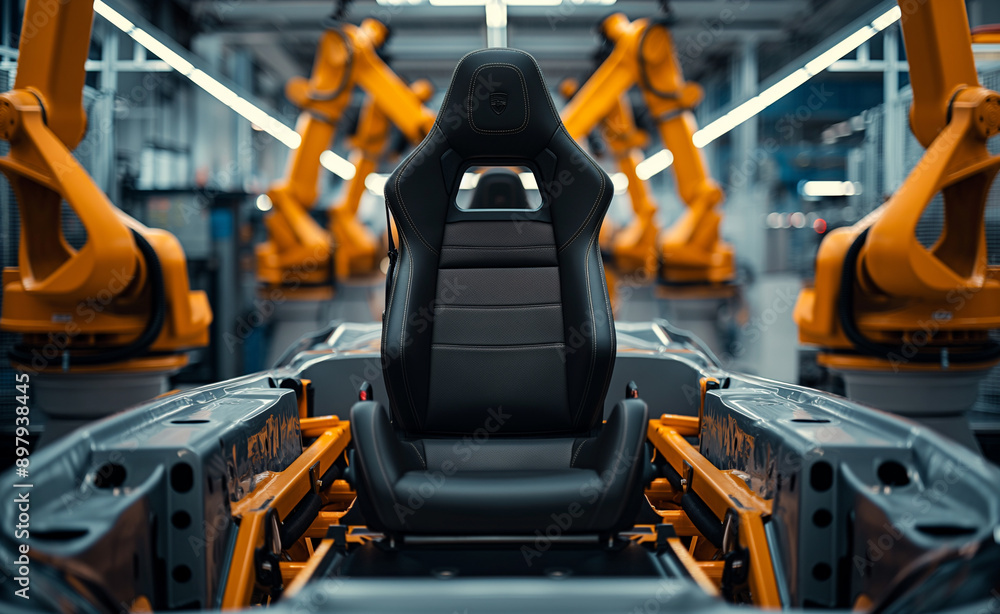 An automated assembly line with robotic arms installing a car seat in a modern factory. An automated assembly line with robotic arms installing a car seat in a modern factory.