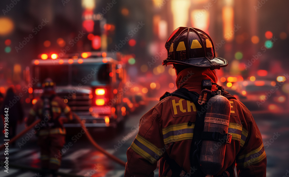 A firefighter in full gear stands in a city street with fire trucks and lights in the background. A firefighter in full gear stands in a city street with fire trucks and lights in the background.