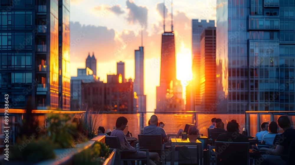 Obraz premium Scenic Rooftop Terrace with Blurred Chicago Skyline at Sunset