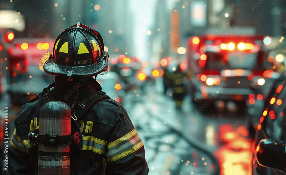 A firefighter in full gear stands in a city street with fire trucks and lights in the background. A firefighter in full gear stands in a city street with fire trucks and lights in the background.