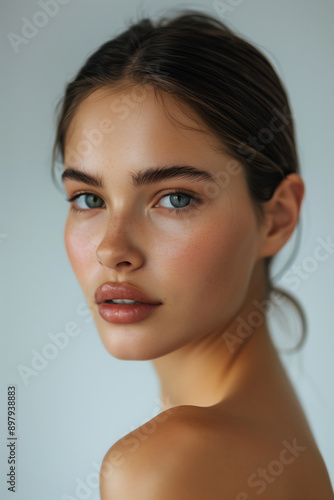 Close-up portrait of a woman with bare shoulders